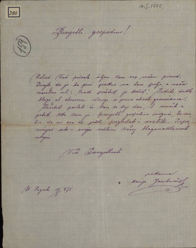 396 | Pismo Marije Jambrišak Ivanu Kukuljeviću