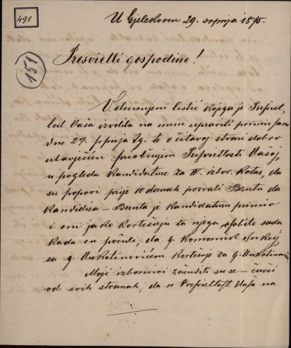 491 | Pismo J. Kolarića Ivanu Kukuljeviću