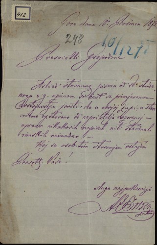 412 | Pismo A. K. Jetzera Ivanu Kukuljevću