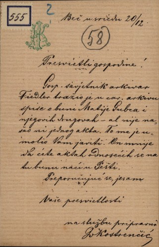 555 | Pismo Ivana Kostrenčića Ivanu Kukuljeviću