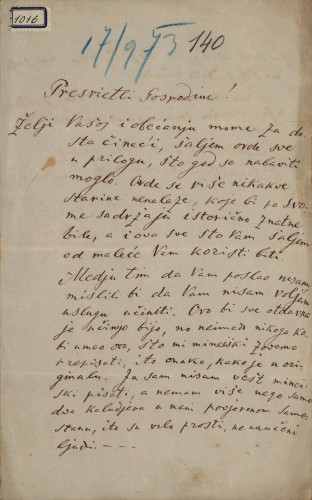 1016 | Pismo Milutina Ratkovića Ivanu Kukuljeviću