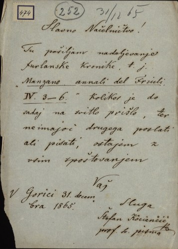 474 | Pismo Stjepana Kociančića Ivanu Kukuljeviću