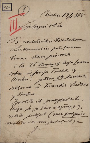 610 | Pismo Milutina Kukuljevića Ivanu Kukuljeviću