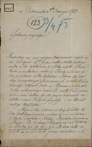 445 | Pismo Ivana Augusta Kaznačića Ivanu Kukuljeviću